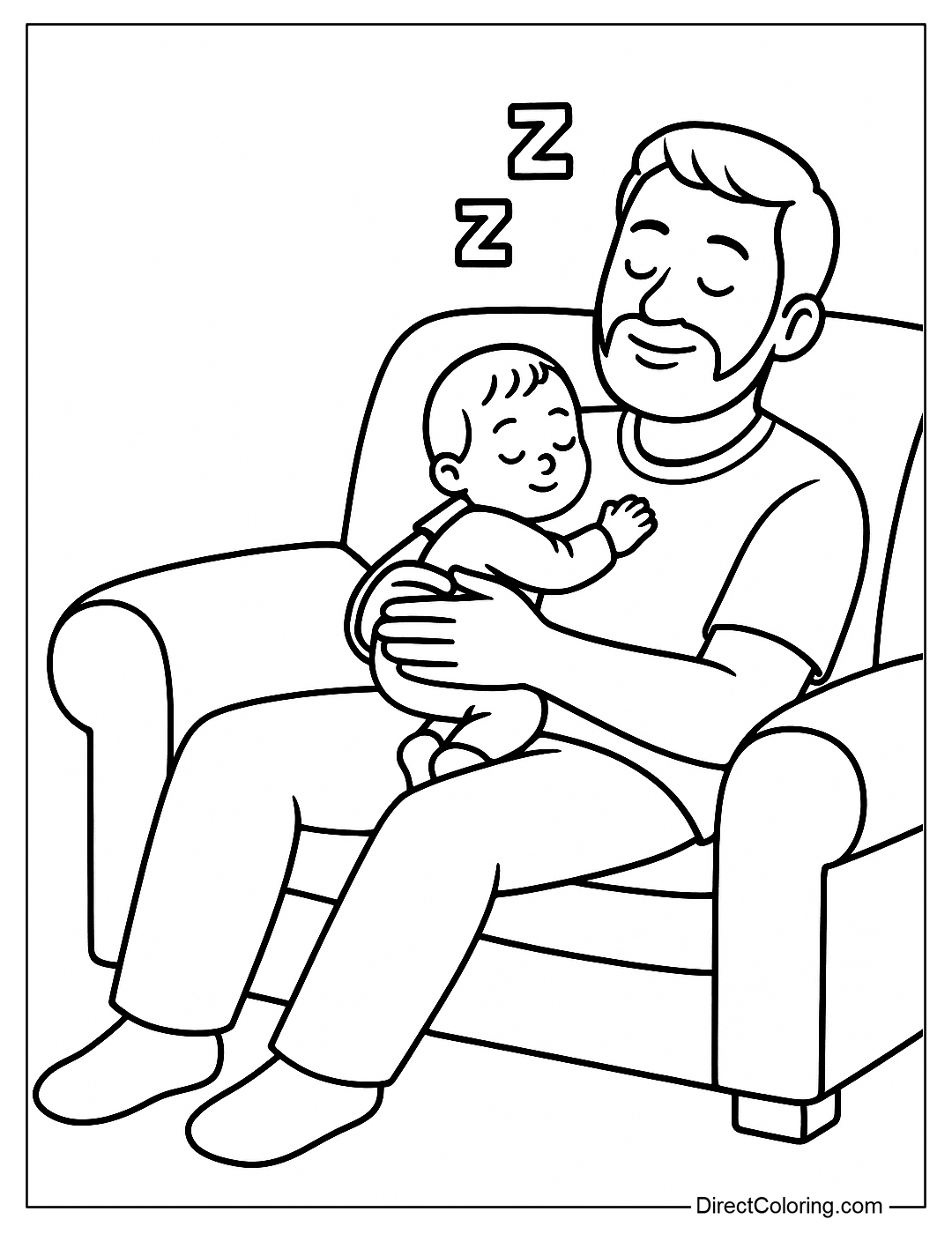 A coloring page of a father napping with his baby on the sofa